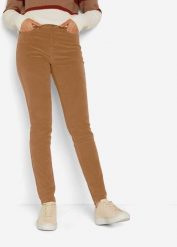 Spodnie sztruksowe skinny ze stretchem, z bawełny. Brązowe spodnie materiałowe damskie bonprix, bez wzorów, z bawełny. Za 129.99 zł.