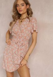 Pomarańczowa Sukienka z Kopertowym Dekoltem w Kwiaty z Gumką i Paskiem w Talii Arlettie. Brązowe sukienki damskie Renee, na lato, m, bez wzorów, bez kołnierzyka, bez ramiączek, mini, kopertowe. W wyprzedaży za 52.49 zł.