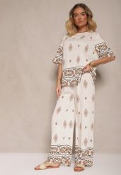 Beżowy Komplet w Stylu Boho Bluzka z Krótkim Rękawem i Luźne Spodnie Divorine. Brązowe spodnie materiałowe damskie Renee, bez wzorów, boho. Za 74.99 zł.