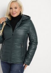 Ciemnozielona Pikowana Kurtka z Opinanym Kapturem i Wstawkami z Gumek Terilinde. Zielone kurtki damskie Born2be, xl, bez wzorów. Za 109.99 zł.
