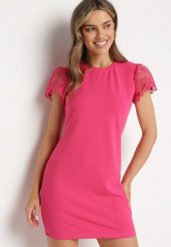Fuksjowa Dopasowana Sukienka z Koronkowym Rękawkiem Cidariana. Czerwone sukienki damskie Born2be, na imprezę, m, bez wzorów, z koronki, eleganckie, bez kołnierzyka, bez ramiączek, mini, dopasowane. W wyprzedaży za 63.99 zł.