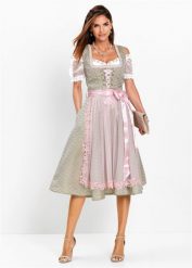 Sukienka ludowa z perełkami (2 części). Zielone sukienki damskie bonprix, bez wzorów, z koronki, bez kołnierzyka, bez ramiączek. Za 629.99 zł.