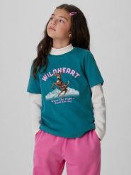 4F T-shirt regular z nadrukiem dziewczęcy - zielony 128 (7-8 lat). Niebieskie koszulki dziewczęce 4f, m, bez wzorów, z bawełny, bez ramiączek. Za 49.99 zł.
