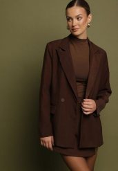 Brązowa Dwurzędowa Marynarka w Stylu Oversize Clazara. Brązowe marynarki i żakiety damskie Born2be, l, bez wzorów, z jeansu. Za 139.99 zł.