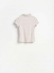 T-shirt ze stójką - beżowy. Brązowe t-shirty damskie Reserved, l, bez wzorów, z dzianiny, bez kołnierzyka. Za 49.99 zł.