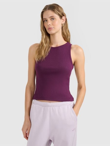 4F Top slim gładki damski - fioletowy XL. Fioletowe topy damskie 4f, xl, bez wzorów, z bawełny, bez kołnierzyka. W wyprzedaży za 29.99 zł.