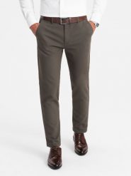 Klasyczne spodnie męskie chino z delikatną teksturą - khaki V2 OM-PACP-0188 - XXL. Brązowe spodnie materiałowe męskie Ombre Clothing, bez wzorów, z bawełny, klasyczne. W wyprzedaży za 159.99 zł.