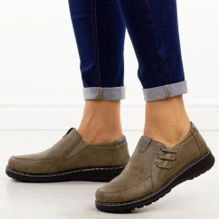 Khaki półbuty damskie Potocki 90353. Brązowe półbuty damskie POTOCKI, bez wzorów, z jeansu, biznesowe, z okrągłym noskiem, bez obcasa, na płaskiej podeszwie. Za 139.00 zł.