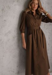 Brązowa Bawełniana Sukienka Koszulowa w Stylu Retro z Wiązanym Paskiem Meresa. Brązowe sukienki damskie Renee, na imprezę, l, bez wzorów, z bawełny, eleganckie, bez kołnierzyka, bez ramiączek, maxi, koszulowe. Za 199.99 zł.