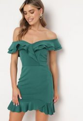 Zielona Kopertowa Sukienka z Falbankami i Dekoltem w Serek Dlina. Zielone sukienki damskie Born2be, na co dzień, l, z aplikacjami, eleganckie, bez kołnierzyka, bez ramiączek, mini, kopertowe. W wyprzedaży za 71.99 zł.
