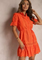 Pomarańczowa Sukienka Boho z Bawełny Ozdobiona Ażurowym Wzorem Falbaną i Przewiązana Paskiem Nelah. Brązowe sukienki damskie Renee, na co dzień, l, w ażurowe wzory, z bawełny, boho, bez kołnierzyka, bez ramiączek, midi, proste. W wyprzedaży za 90.99 zł.