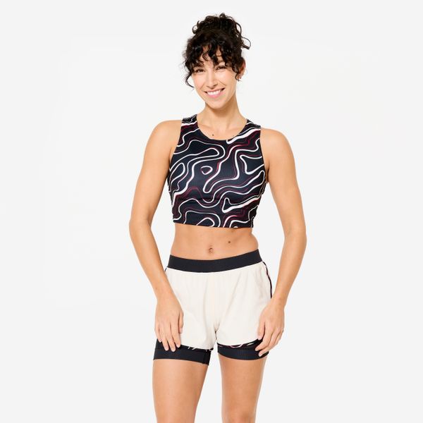 Koszulka fitness damska Domyos bez rękawów crop top. Czarne bluzki sportowe damskie DOMYOS, l, bez wzorów, z elastanu, bez kołnierzyka. W wyprzedaży za 21.99 zł.