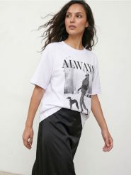 Bawełniana koszulka z ozdobnymi cyrkoniami i nadrukiem - biały. Białe t-shirty damskie Sinsay, l, bez wzorów, z bawełny, bez kołnierzyka. Za 19.99 zł.