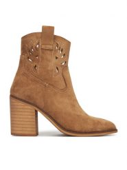 DeeZee Botki 220565-1 Brązowy. Brązowe botki damskie DeeZee, z materiału, bez obcasa, na słupku, bez zapięcia. Za 119.99 zł.