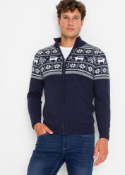 Sweter norweski rozpinany z przyjemnej dla skóry czystej bawełny. Niebieskie kardigany męskie bonprix, l, bez wzorów, z bawełny, bez kołnierzyka. Za 149.99 zł.