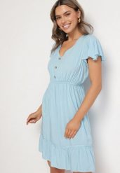 Niebieska Rozkloszowana Bawełniana Sukienka z Guzikami i Falbanami Natinema. Niebieskie sukienki damskie Born2be, na co dzień, na lato, l, bez wzorów, z bawełny, bez kołnierzyka, bez ramiączek, mini, rozkloszowane. W wyprzedaży za 39.99 zł.