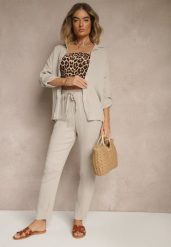 Beżowy Muślinowy Komplet z Bawełny Spodnie i Koszula z Regulowanymi Rękawami Janalise. Brązowe koszule damskie Renee, bez wzorów, z bawełny, eleganckie. Za 129.99 zł.