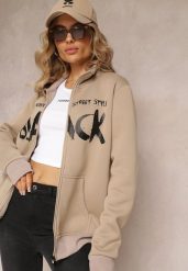 Jasnobeżowa Bluza Zapinana na Suwak z Kieszeniami i Półgolfem Ubaviela. Brązowe bluzy bez kaptura damskie Renee, l. Za 79.99 zł.