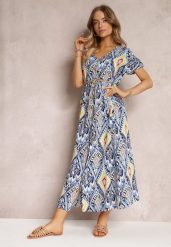 Niebieska Sukienka Maxi z Krótkim Rękawem i Sznurkiem w Pasie Nosine. Niebieskie sukienki damskie Renee, s, bez wzorów, bez kołnierzyka, bez ramiączek, maxi. W wyprzedaży za 55.99 zł.