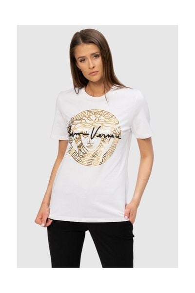 VERSACE Biały t-shirt damski ze złotą meduzą, Rozmiar 40. Białe t-shirty damskie Versace, s, bez wzorów, z bawełny, bez kołnierzyka. W wyprzedaży za 655.99 zł.