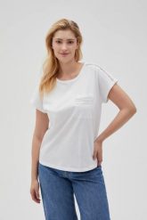 Bawełniany t-shirt z kieszonką biały. Białe t-shirty damskie MOODO, l, bez wzorów, z bawełny, bez kołnierzyka. Za 44.99 zł.