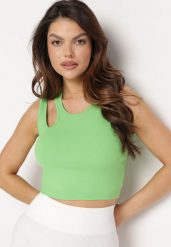 Jasnozielony Prążkowany Tank Top Bez Rękawów z Ozdobnym Wycięciem Deriafa. Zielone topy damskie Born2be, m, bez wzorów, prążkowane, z asymetrycznym kołnierzem. Za 34.99 zł.