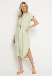 Zielona Wiskozowa Rozkloszowana Sukienka Koszulowa z Materiałowym Paskiem Katessae. Zielone sukienki damskie Born2be, na co dzień, na lato, l, bez wzorów, z materiału, eleganckie, bez kołnierzyka, bez ramiączek, midi, koszulowe. W wyprzedaży za 103.99 zł.