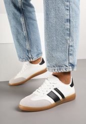 Biało-Czarne Sneakersy Tenisówki z Ozdobnymi Paskami Danavin. Białe trampki i tenisówki damskie Born2be, bez wzorów, z jeansu. Za 74.99 zł.