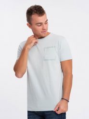 Bawełniany męski t-shirt z nadrukiem na kieszonce – jasnoszary V10 OM-TSPT-0154 - XL. Szare t-shirty męskie Ombre Clothing, l, bez wzorów, z bawełny, bez kołnierzyka. Za 89.99 zł.