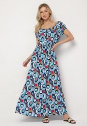 Niebieska Sukienka z Geometrycznym Wzorem i Hiszpańskim Dekoltem Tosile. Niebieskie sukienki damskie Born2be, na co dzień, na lato, l, bez wzorów, eleganckie, bez kołnierzyka, bez ramiączek, maxi. W wyprzedaży za 55.99 zł.