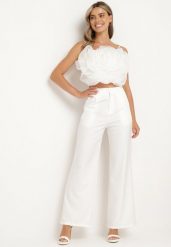 Biały Komplet Top na Regulowanych Ramiączkach z Kwiatem 3D i Eleganckie Spodnie Dimari. Białe spodnie materiałowe damskie Born2be, bez wzorów, eleganckie. Za 279.99 zł.