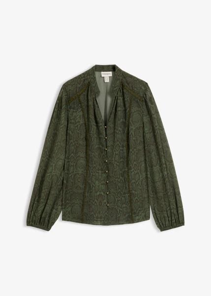 Bluzka z koronkowym zdobieniem. Zielone bluzki damskie bonprix, z aplikacjami, z koronki, bez kołnierzyka, bez ramiączek. Za 129.99 zł.