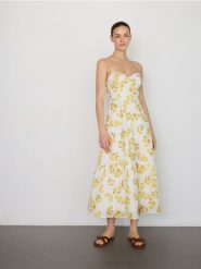 Wzorzysta sukienka - jasnożółty. Żółte sukienki damskie Reserved, l, bez wzorów, z bawełny, bez kołnierzyka, bez ramiączek, rozkloszowane. Za 179.99 zł.
