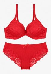 Czerwony Koronkowy Komplet Biustonosz i Majtki Figi w Klasycznym Stylu Ezirene. Czerwone figi damskie Renee, z aplikacjami, z jeansu. Za 39.99 zł.