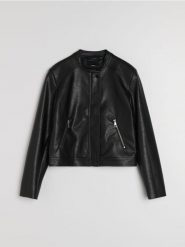 Kurtka biker ze stójką z imitacji skóry - czarny. Czarne kurtki damskie Sinsay, l, bez wzorów, ze skóry, bez kaptura. Za 79.99 zł.