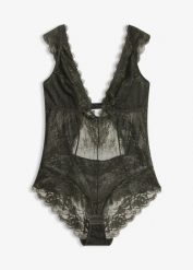 Body bez fiszbinów z delikatną koronką. Zielone body damskie bonprix, bez wzorów, z koronki. Za 32.99 zł.