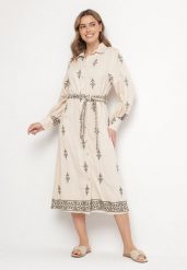 Beżowa Wiskozowa Sukienka Koszulowa Szmizjerka z Paskiem Telandora. Brązowe sukienki damskie Born2be, na co dzień, l, bez wzorów, z wiskozy, eleganckie, bez kołnierzyka, bez ramiączek, midi, koszulowe. W wyprzedaży za 143.99 zł.