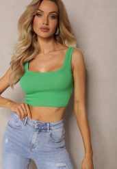 Zielony Tank Top z Elastycznej Bawełny z Głębokim Dekoltem Omaliana. Zielone topy damskie Renee, l, bez wzorów, z bawełny, bez kołnierzyka. Za 14.99 zł.