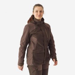 Kurtka damska Solognac 500 WTP. Brązowe kurtki damskie SOLOGNAC, s, bez wzorów, ze skóry, bez kaptura. Za 399.99 zł.
