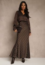 Brązowa Spódnica High Waist w Kropki o Trapezowym Kroju Ravea. Brązowe spódniczki damskie Renee, l, bez wzorów, biznesowe, z podwyższonym stanem, maxi, trapezowe. Za 109.99 zł.