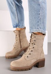 Beżowe Botki Workery na Obcasie Ozdobione Wiązaniem Timette. Brązowe botki damskie Born2be, z jeansu, eleganckie, bez obcasa, na obcasie, bez zapięcia. Za 159.99 zł.
