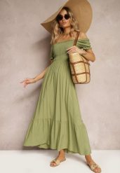 Zielona Rozkloszowana Sukienka z Bawełny Typu Hiszpanka z Marszczoną Górą Xilvia. Zielone sukienki damskie Renee, na imprezę, m, bez wzorów, z bawełny, eleganckie, bez kołnierzyka, bez ramiączek, maxi, kopertowe. W wyprzedaży za 63.99 zł.