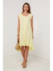 Lin Passion Lniana sukienka w kolorze żółtym rozmiar: 34/36. Żółte sukienki damskie Lin Passion, bez wzorów, ze lnu, klasyczne, bez kołnierzyka, bez ramiączek, midi. Za 152.99 zł.