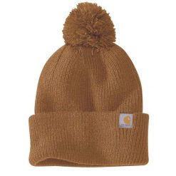 Czapka zimowa z pomponem Carhartt Knit Pom-Pom Cuffed Beanie. Brązowe czapki męskie Carhartt, na zimę, bez wzorów, sportowe. Za 97.99 zł.