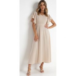 Beżowa Rozkloszowana Sukienka Zdobiona Falbanami Emilienne. Brązowe sukienki damskie Born2be, na co dzień, m, z aplikacjami, z jeansu, eleganckie, bez kołnierzyka, bez ramiączek, maxi, proste. W wyprzedaży za 175.99 zł.