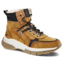 Botki damskie Mustang, skóra ekologiczna sznurowanie z metalowymi przelotkami miękkie ocieplenie wewnątrz i masywna miekkia podeszwa, żółte, 49C0052. Żółte trapery damskie Mustang, z futra, bez obcasa, na platformie. Za 329.00 zł.