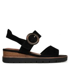 Sandały Tamaris. Czarne sandały damskie Tamaris, bez wzorów, bez obcasa, na koturnie. Za 229.99 zł.