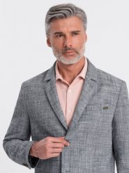 Marynarka męska o kroju REGULAR z lnem - grafitowa V5 - Rozmiar: S. Szare marynarki męskie Ombre Clothing, bez wzorów, z materiału. W wyprzedaży za 249.99 zł.