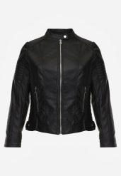 Czarna Kurtka Ramoneska o Taliowanym Kroju ze Stójką na Nap Lissae. Czarne kurtki damskie Born2be, plus size, bez wzorów, z jeansu, bez kaptura. Za 89.99 zł.