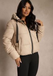 Beżowa Kurtka Puffer z Pikowanymi Przeszyciami i Kapturem Renaria. Brązowe kurtki damskie Renee, na zimę, l, bez wzorów, z jeansu, z kapturem. Za 179.99 zł.